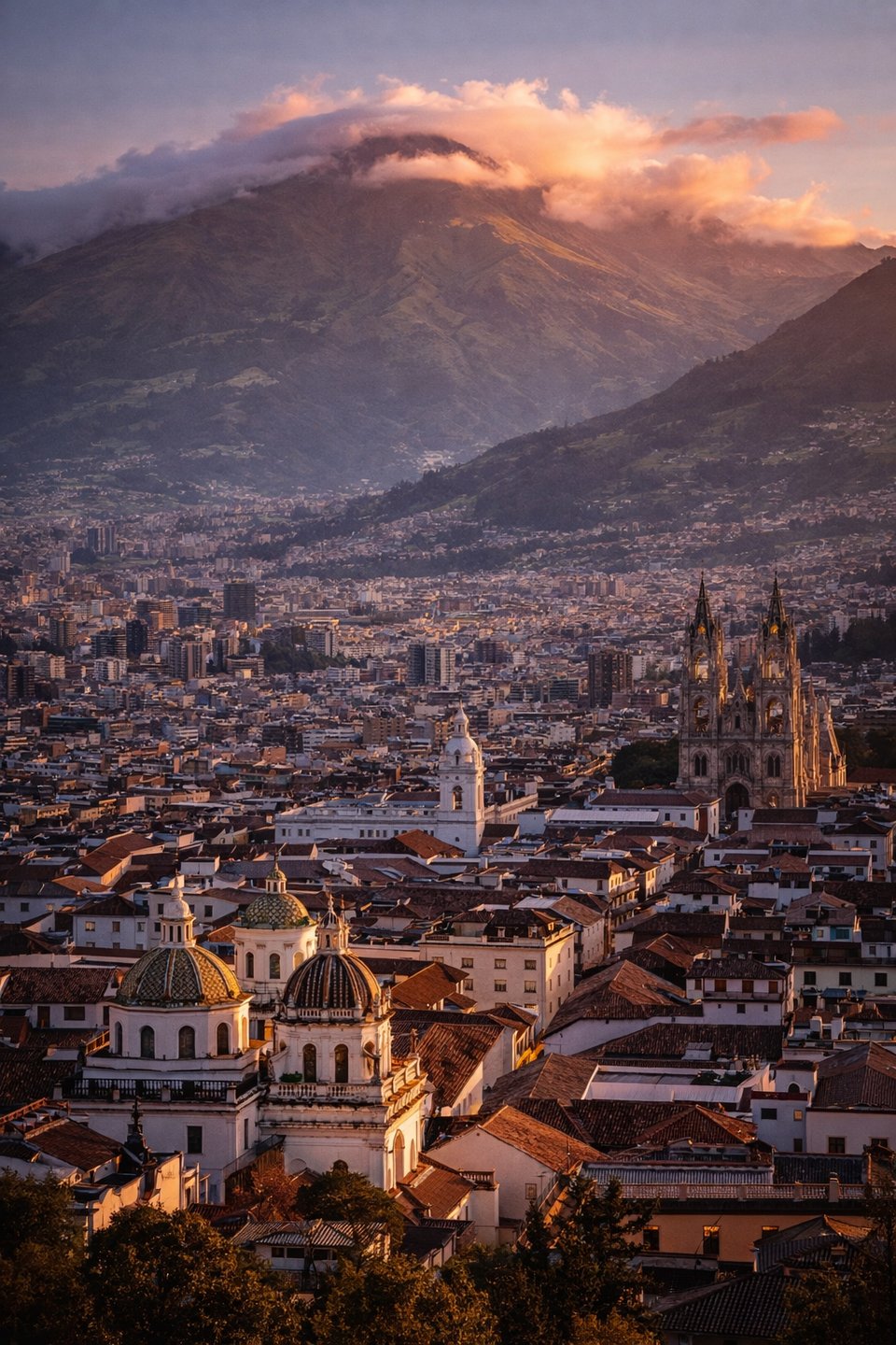 Quito at golden hour — colonial domes, Basílica del Voto Nacional spires, Pichincha volcano rising behind